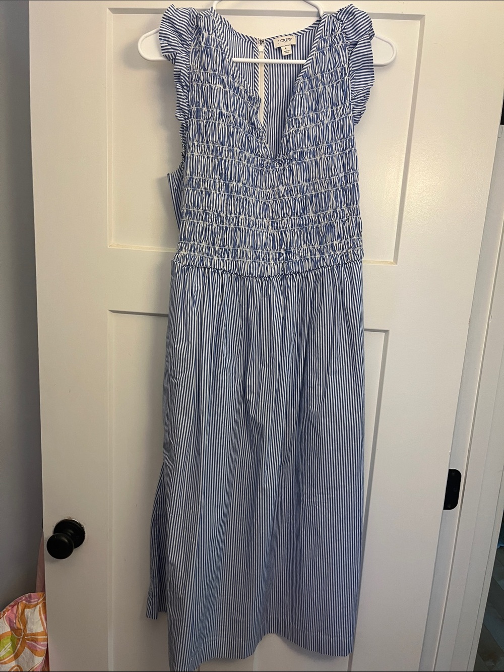 J. Crew Blue and White Smocked V-Neck Midi Dress